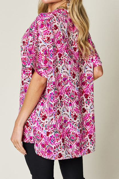 Double Take Full Size Printed V - Neck Short Sleeve Blouse - Jaazi Intl