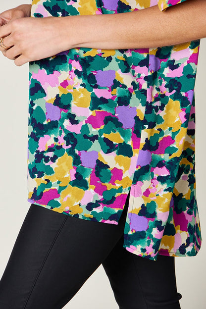 Double Take Full Size Printed V - Neck Short Sleeve Blouse - Jaazi Intl