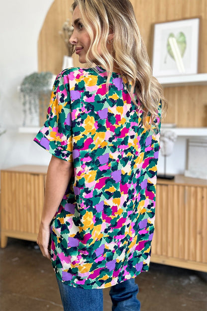 Double Take Full Size Printed V - Neck Short Sleeve Blouse - Jaazi Intl