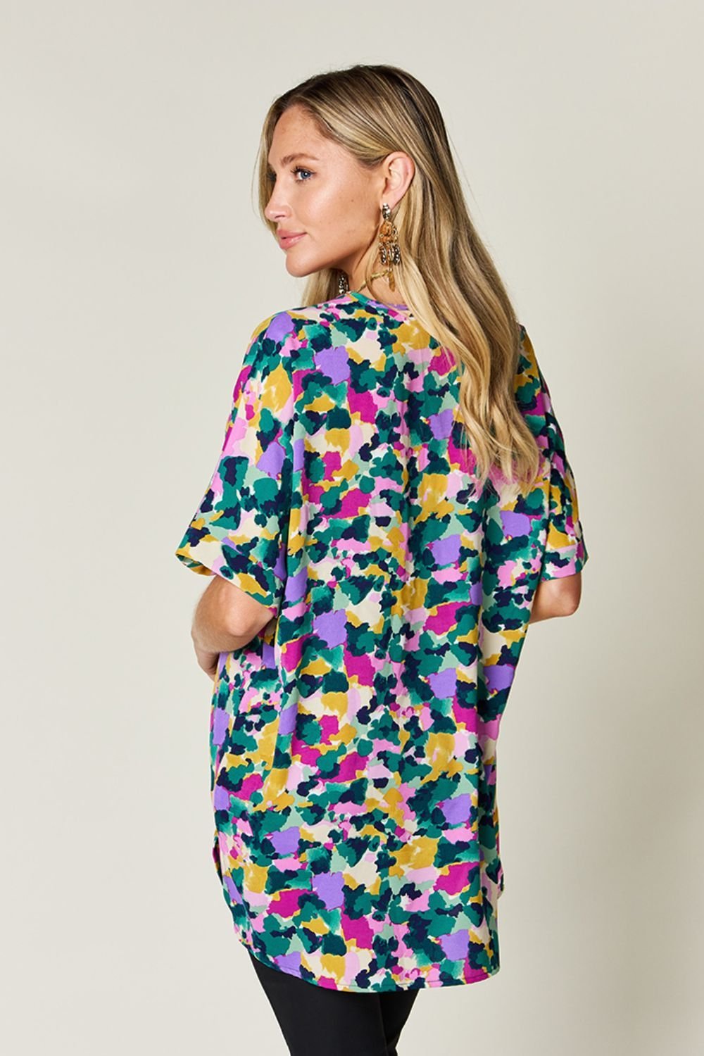 Double Take Full Size Printed V - Neck Short Sleeve Blouse - Jaazi Intl