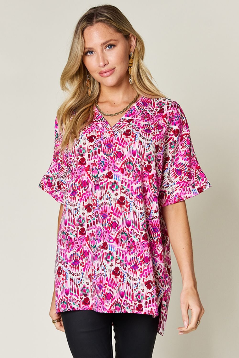 Double Take Full Size Printed V - Neck Short Sleeve Blouse - Jaazi Intl