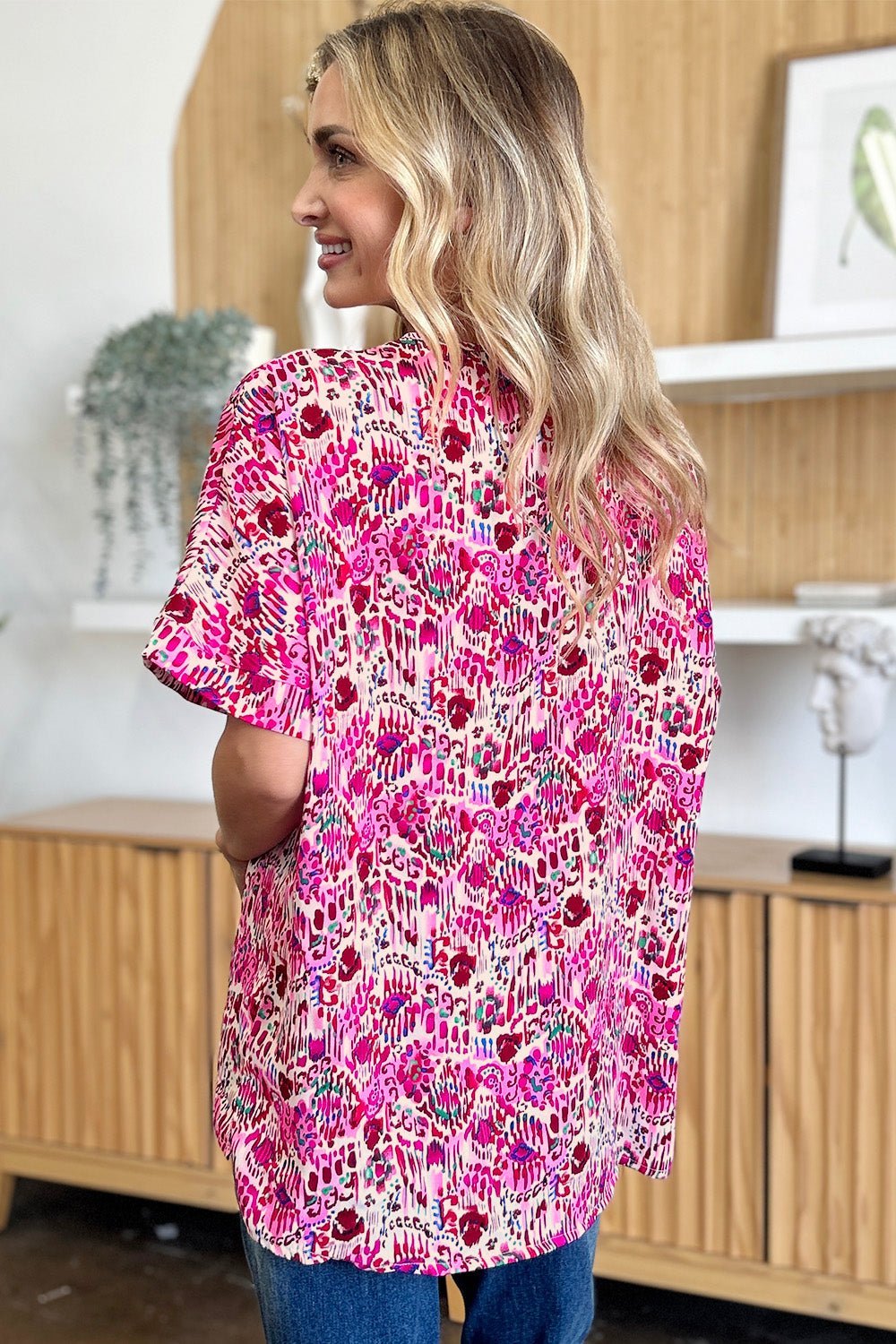 Double Take Full Size Printed V - Neck Short Sleeve Blouse - Jaazi Intl