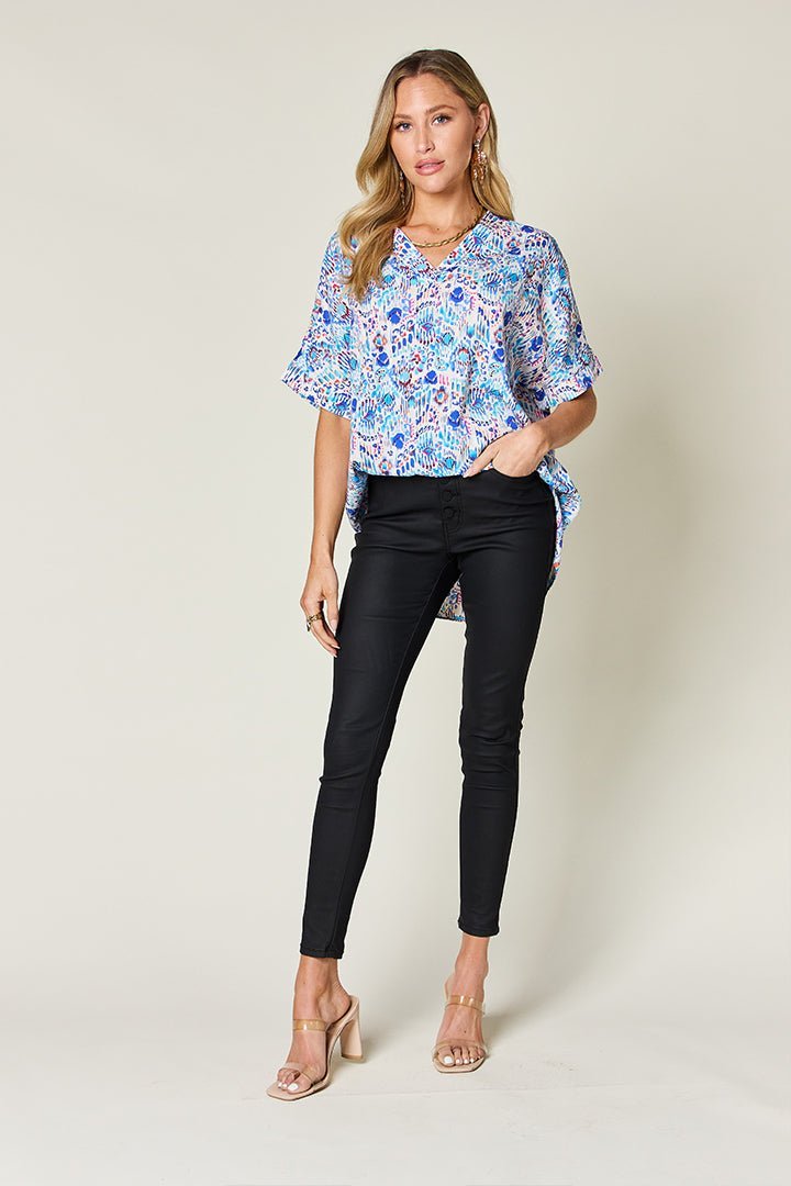 Double Take Full Size Printed V - Neck Short Sleeve Blouse - Jaazi Intl