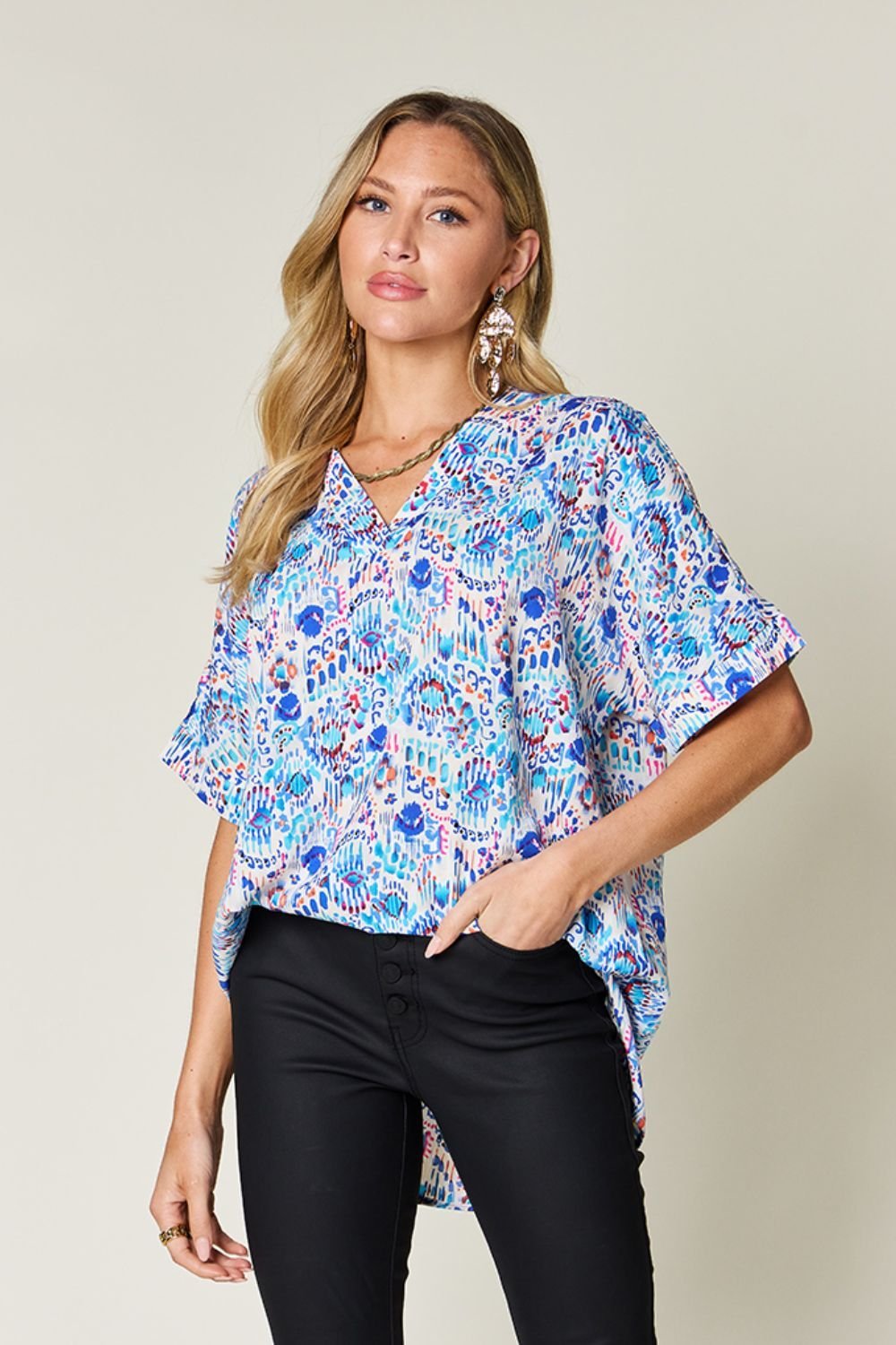 Double Take Full Size Printed V - Neck Short Sleeve Blouse - Jaazi Intl