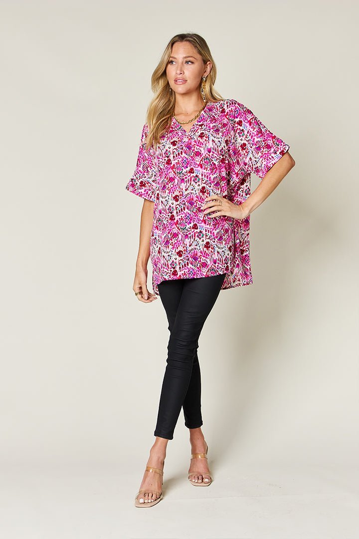 Double Take Full Size Printed V - Neck Short Sleeve Blouse - Jaazi Intl