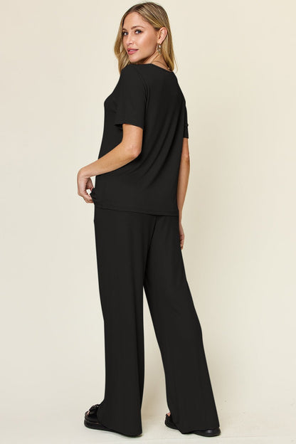 Double Take Full Size Round Neck Short Sleeve T - Shirt and Wide Leg Pants Set - Jaazi Intl