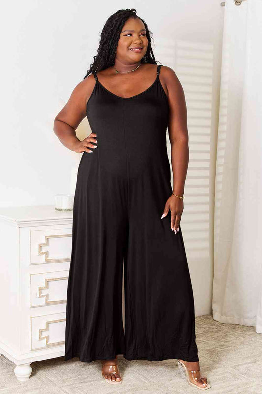 Double Take Full Size Soft Rayon Spaghetti Strap Tied Wide Leg Jumpsuit - Jaazi Intl