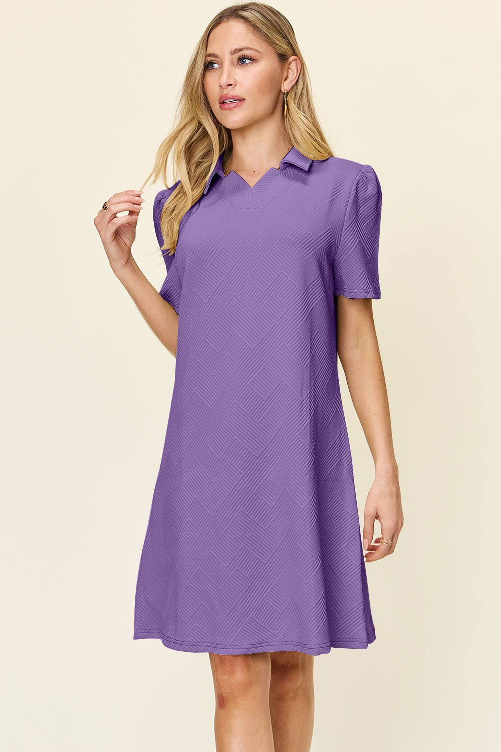 Double Take Full Size Texture Collared Neck Short Sleeve Dress - Jaazi Intl