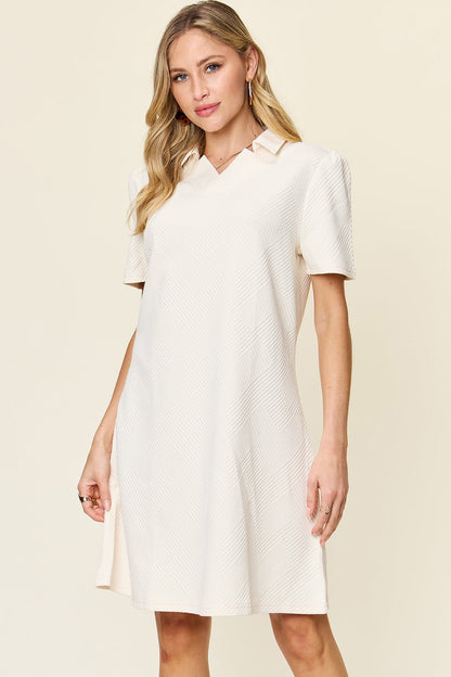 Double Take Full Size Texture Collared Neck Short Sleeve Dress - Jaazi Intl