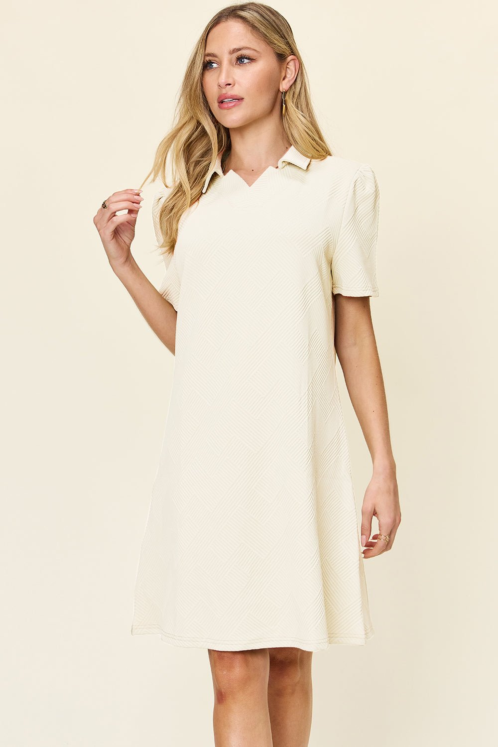 Double Take Full Size Texture Collared Neck Short Sleeve Dress - Jaazi Intl