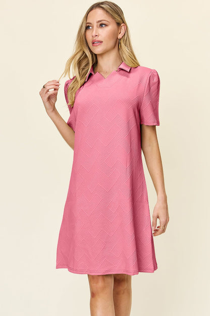 Double Take Full Size Texture Collared Neck Short Sleeve Dress - Jaazi Intl