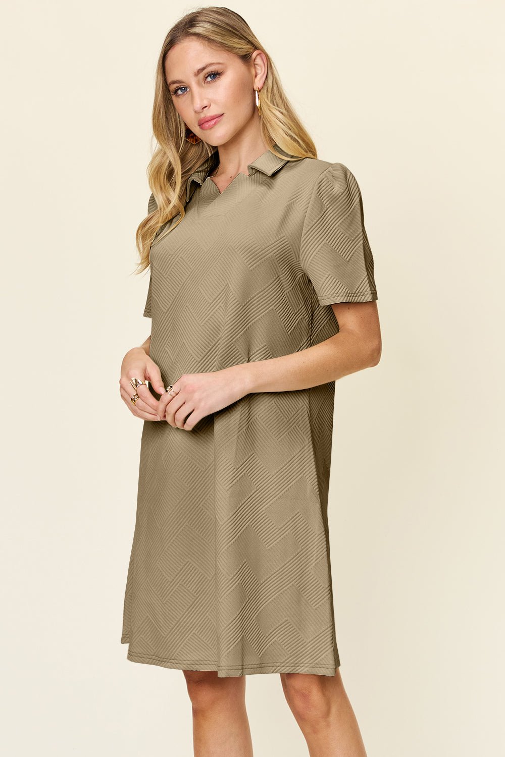 Double Take Full Size Texture Collared Neck Short Sleeve Dress - Jaazi Intl