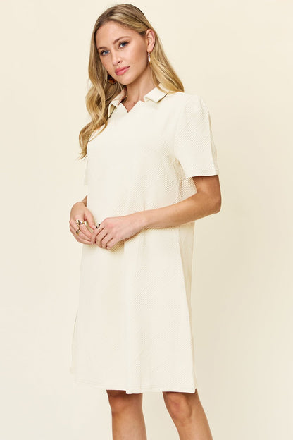 Double Take Full Size Texture Collared Neck Short Sleeve Dress - Jaazi Intl