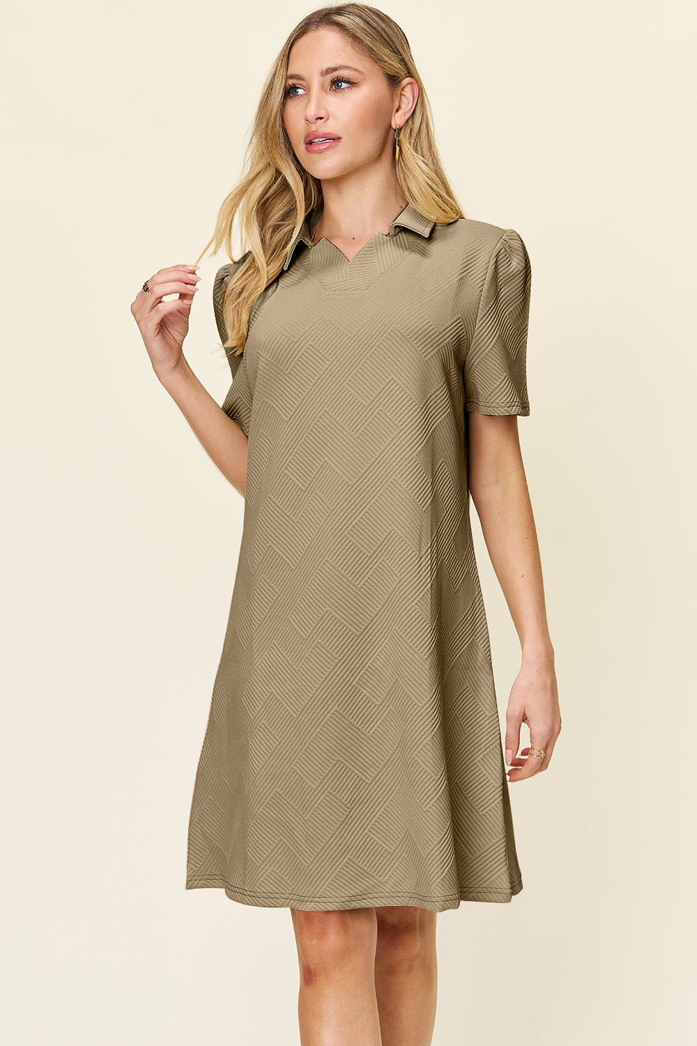 Double Take Full Size Texture Collared Neck Short Sleeve Dress - Jaazi Intl