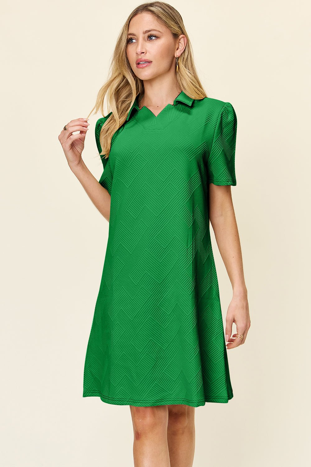 Double Take Full Size Texture Collared Neck Short Sleeve Dress - Jaazi Intl