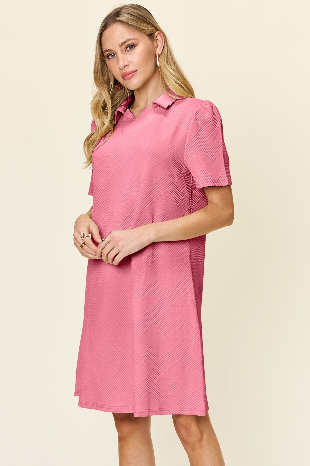 Double Take Full Size Texture Collared Neck Short Sleeve Dress - Jaazi Intl