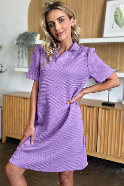 Double Take Full Size Texture Collared Neck Short Sleeve Dress - Jaazi Intl