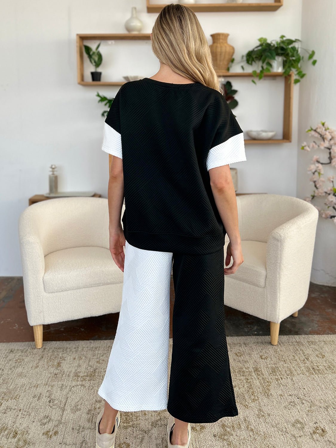 Double Take Full Size Texture Contrast T - Shirt and Wide Leg Pants Set - Jaazi Intl