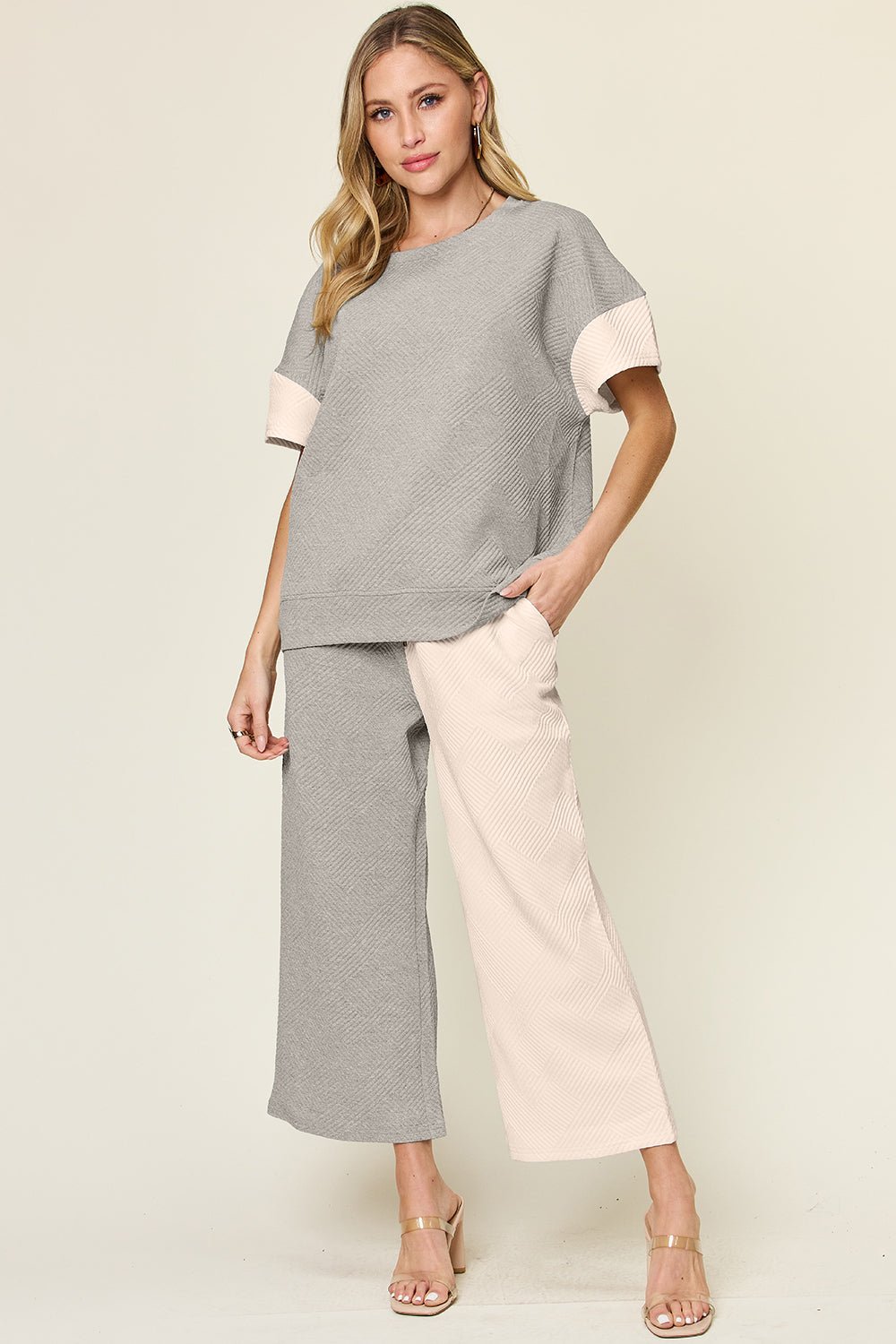 Double Take Full Size Texture Contrast T - Shirt and Wide Leg Pants Set - Jaazi Intl