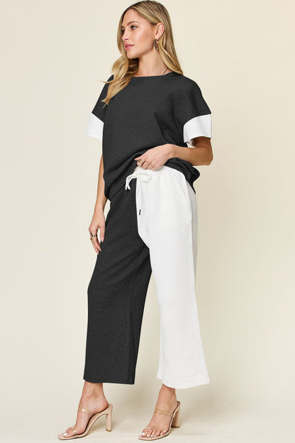 Double Take Full Size Texture Contrast T - Shirt and Wide Leg Pants Set - Jaazi Intl