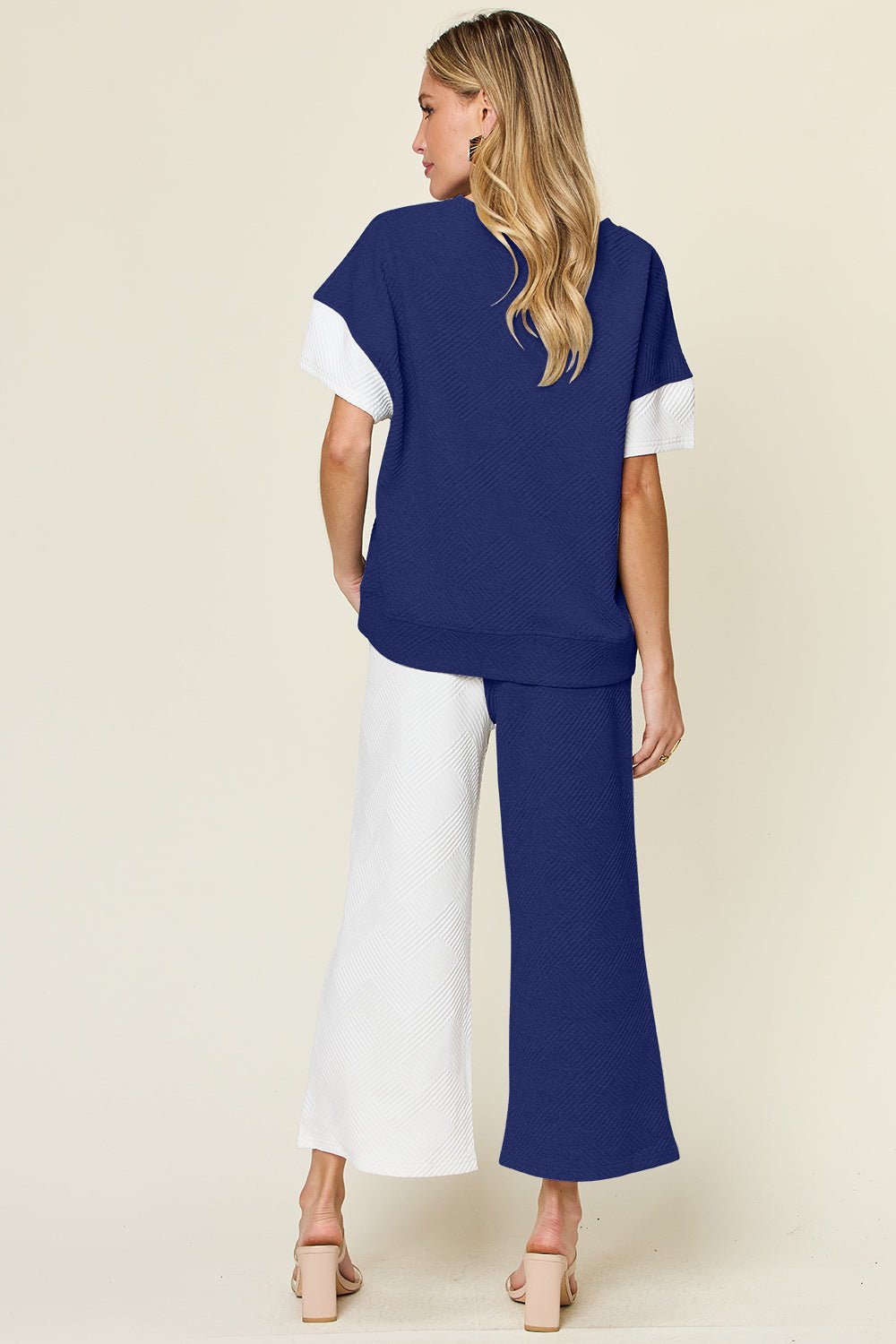 Double Take Full Size Texture Contrast T - Shirt and Wide Leg Pants Set - Jaazi Intl