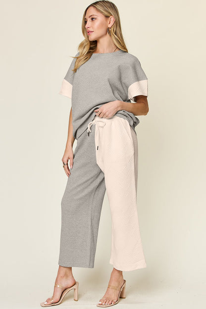 Double Take Full Size Texture Contrast T - Shirt and Wide Leg Pants Set - Jaazi Intl