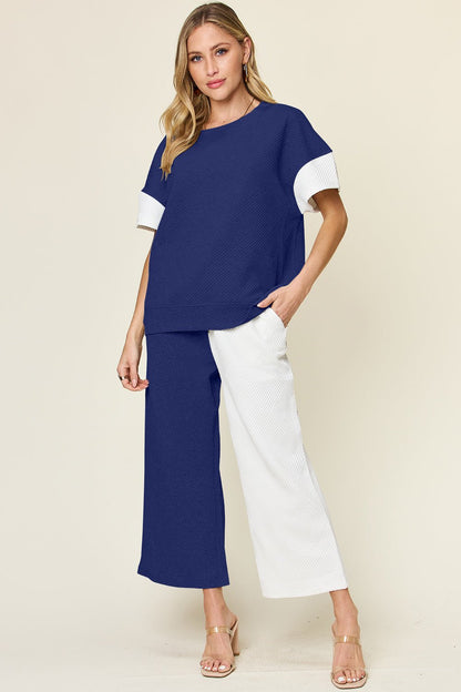 Double Take Full Size Texture Contrast T - Shirt and Wide Leg Pants Set - Jaazi Intl