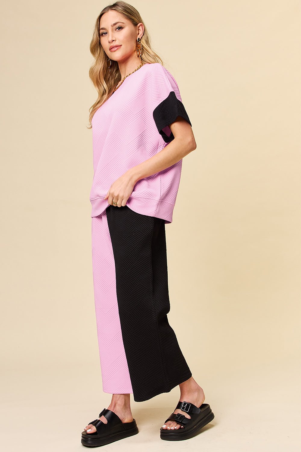 Double Take Full Size Texture Contrast T - Shirt and Wide Leg Pants Set - Jaazi Intl