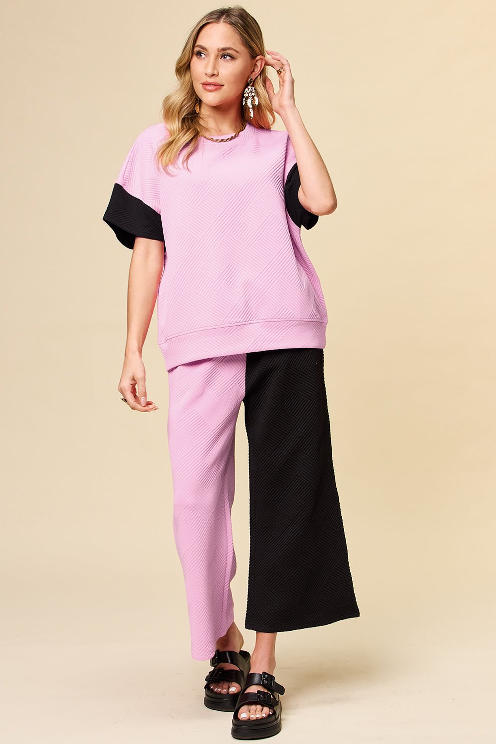 Double Take Full Size Texture Contrast T - Shirt and Wide Leg Pants Set - Jaazi Intl