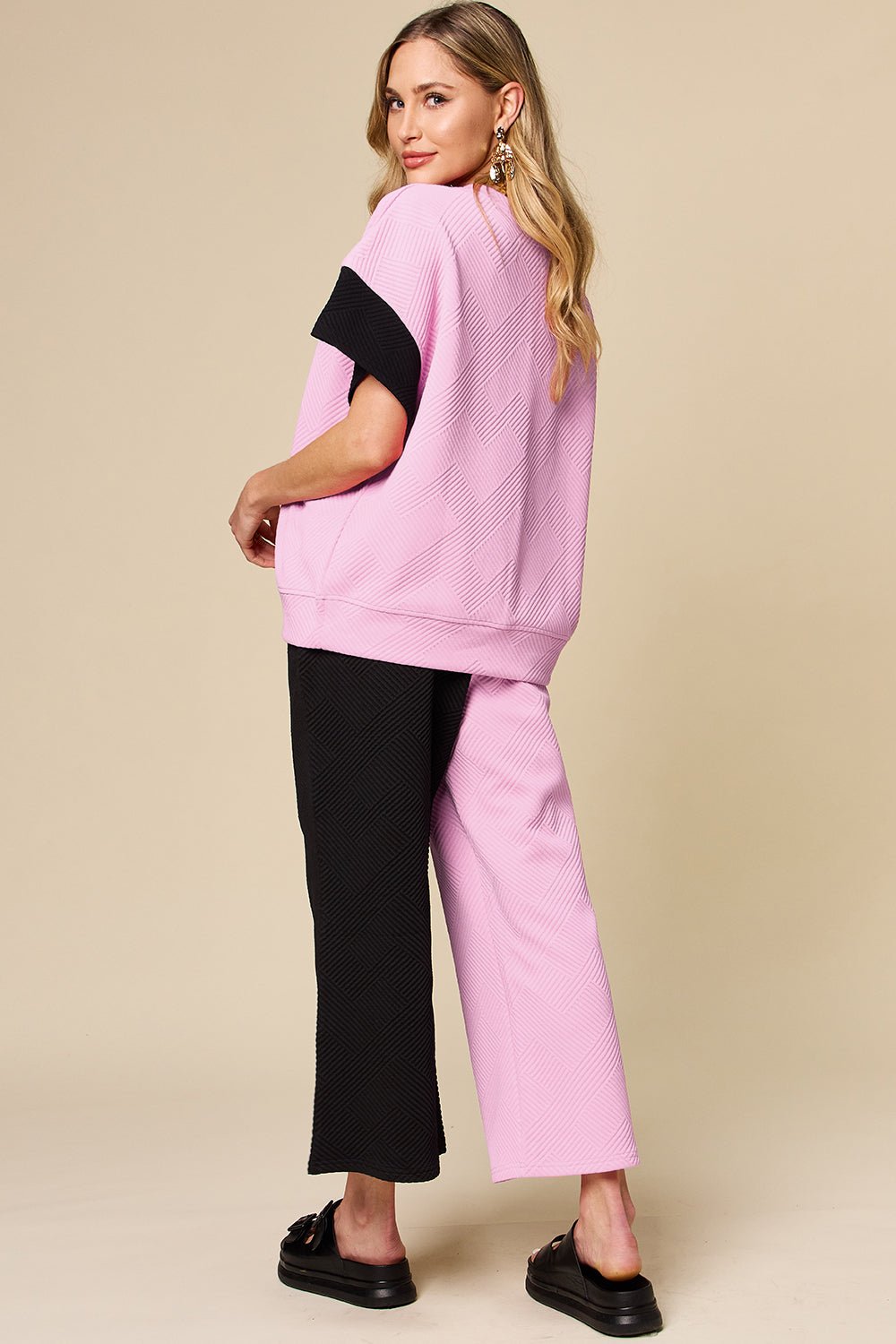 Double Take Full Size Texture Contrast T - Shirt and Wide Leg Pants Set - Jaazi Intl