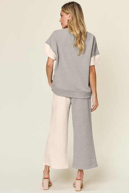 Double Take Full Size Texture Contrast T - Shirt and Wide Leg Pants Set - Jaazi Intl