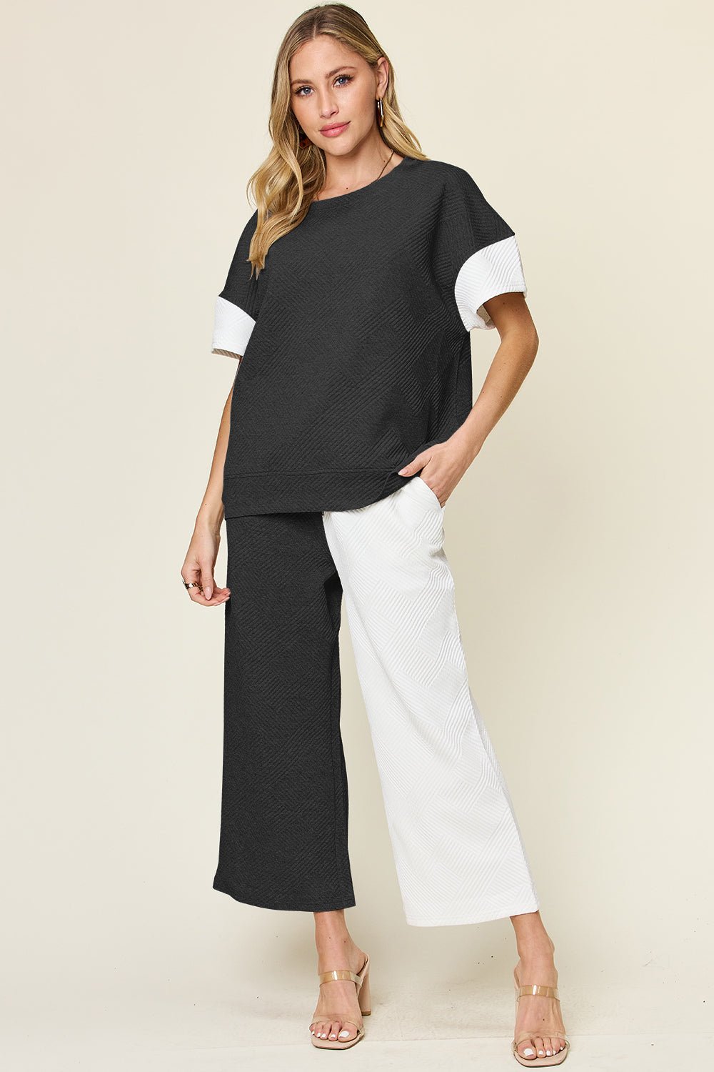 Double Take Full Size Texture Contrast T - Shirt and Wide Leg Pants Set - Jaazi Intl