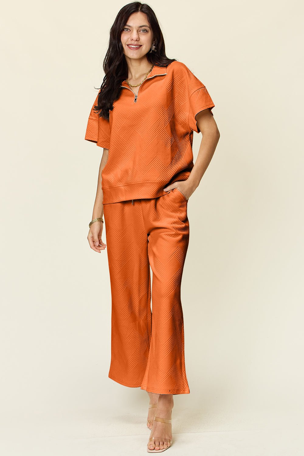 Double Take Full Size Texture Half Zip Short Sleeve Top and Pants Set - Jaazi Intl