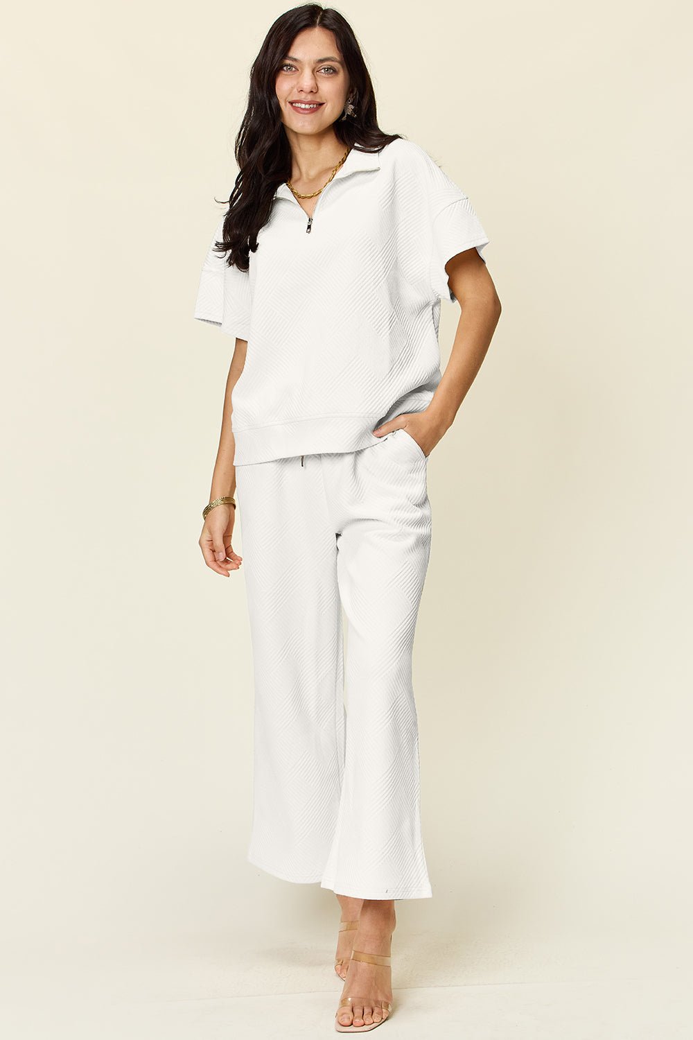 Double Take Full Size Texture Half Zip Short Sleeve Top and Pants Set - Jaazi Intl