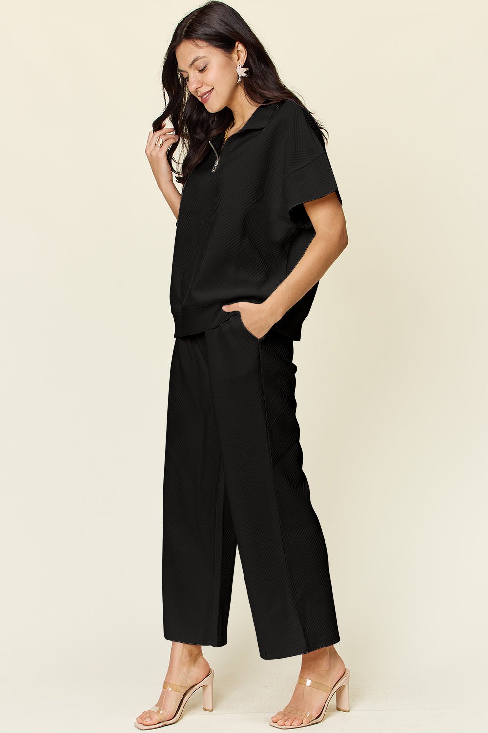 Double Take Full Size Texture Half Zip Short Sleeve Top and Pants Set - Jaazi Intl