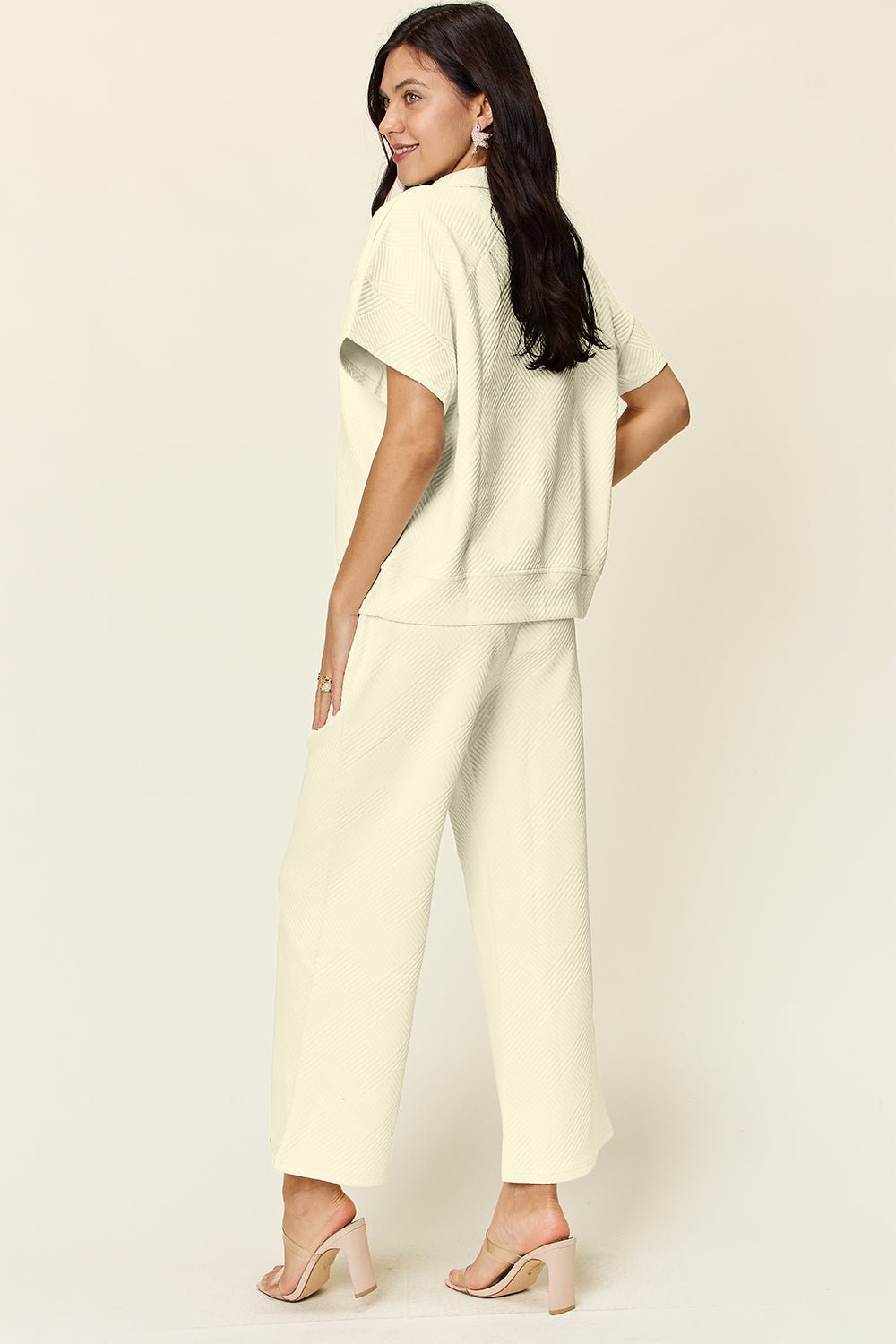 Double Take Full Size Texture Half Zip Short Sleeve Top and Pants Set - Jaazi Intl