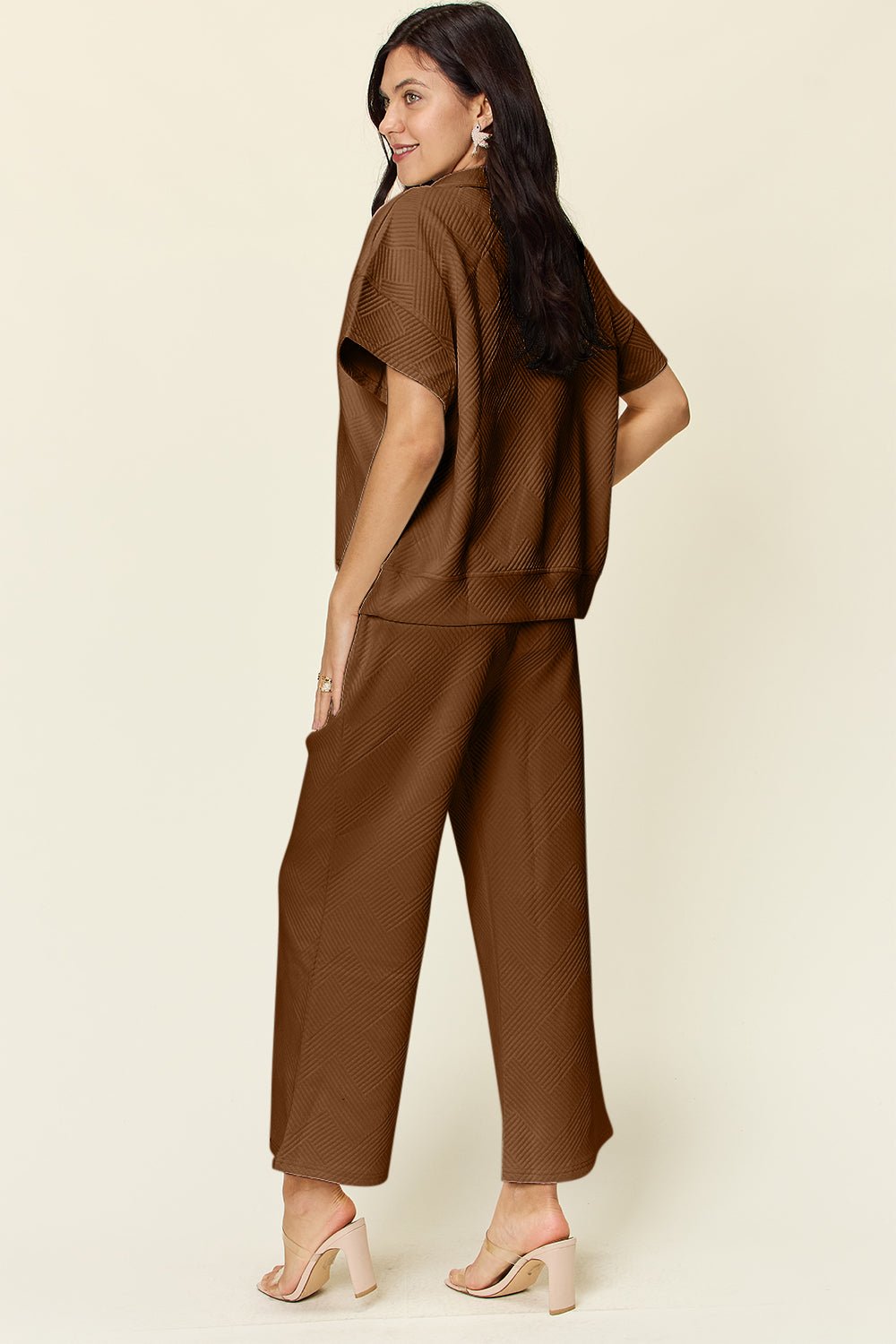 Double Take Full Size Texture Half Zip Short Sleeve Top and Pants Set - Jaazi Intl