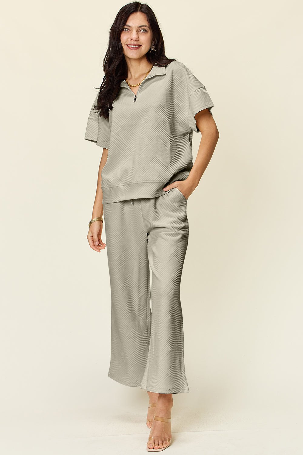 Double Take Full Size Texture Half Zip Short Sleeve Top and Pants Set - Jaazi Intl