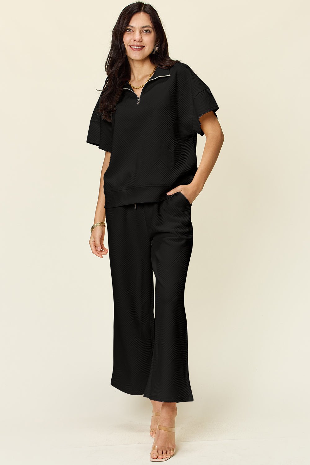 Double Take Full Size Texture Half Zip Short Sleeve Top and Pants Set - Jaazi Intl