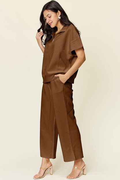 Double Take Full Size Texture Half Zip Short Sleeve Top and Pants Set - Jaazi Intl