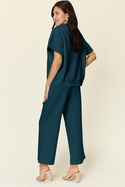 Double Take Full Size Texture Half Zip Short Sleeve Top and Pants Set - Jaazi Intl