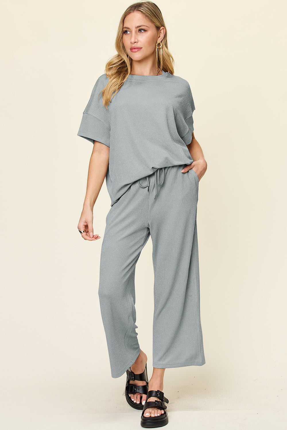 Double Take Full Size Texture Round Neck Short Sleeve T - Shirt and Wide Leg Pants - Jaazi Intl