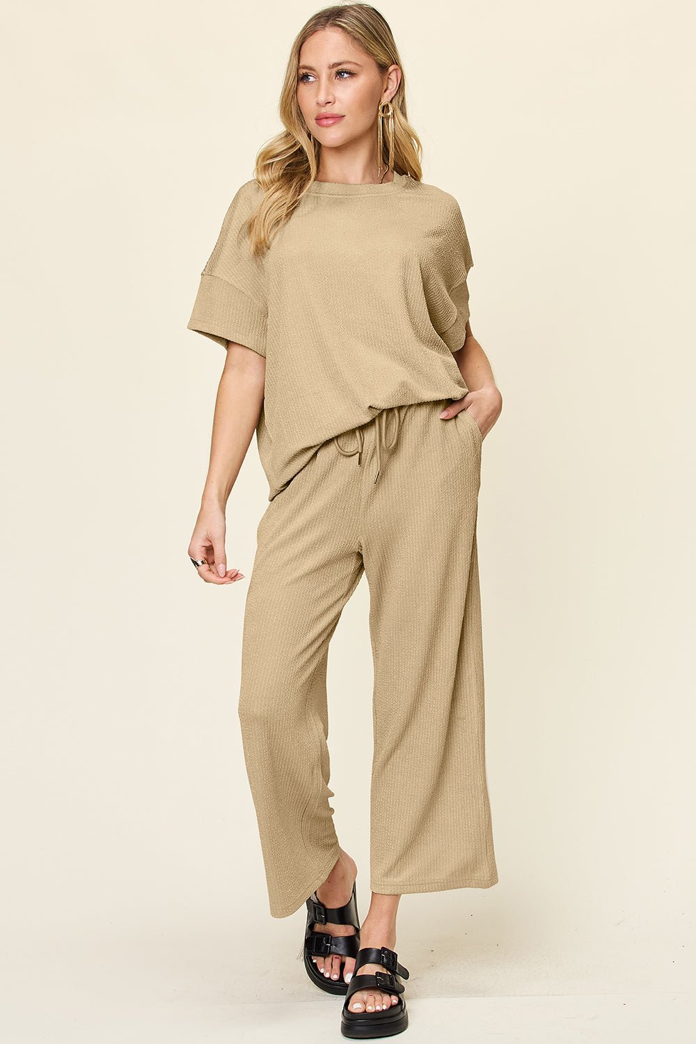 Double Take Full Size Texture Round Neck Short Sleeve T - Shirt and Wide Leg Pants - Jaazi Intl