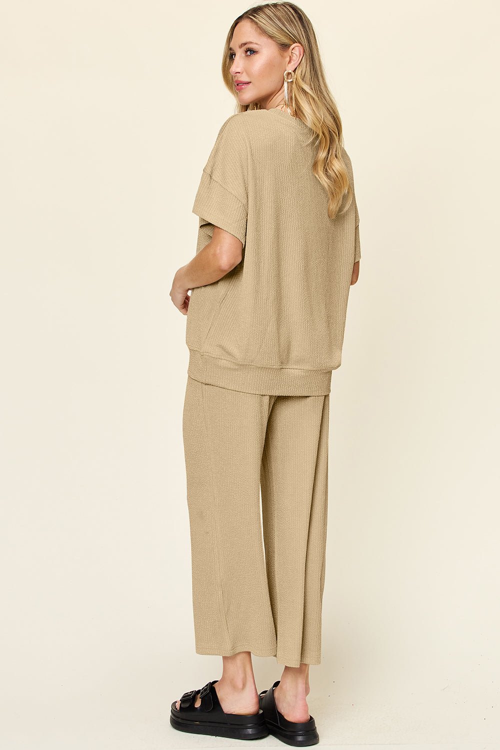 Double Take Full Size Texture Round Neck Short Sleeve T - Shirt and Wide Leg Pants - Jaazi Intl