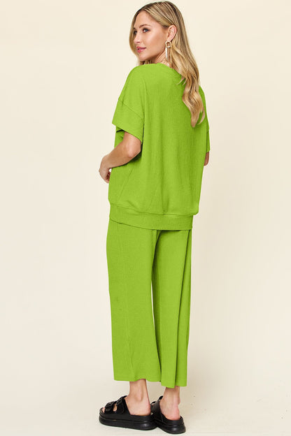 Double Take Full Size Texture Round Neck Short Sleeve T - Shirt and Wide Leg Pants - Jaazi Intl