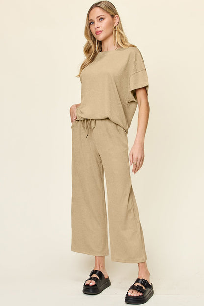 Double Take Full Size Texture Round Neck Short Sleeve T - Shirt and Wide Leg Pants - Jaazi Intl