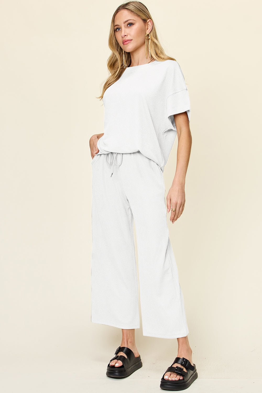 Double Take Full Size Texture Round Neck Short Sleeve T - Shirt and Wide Leg Pants - Jaazi Intl