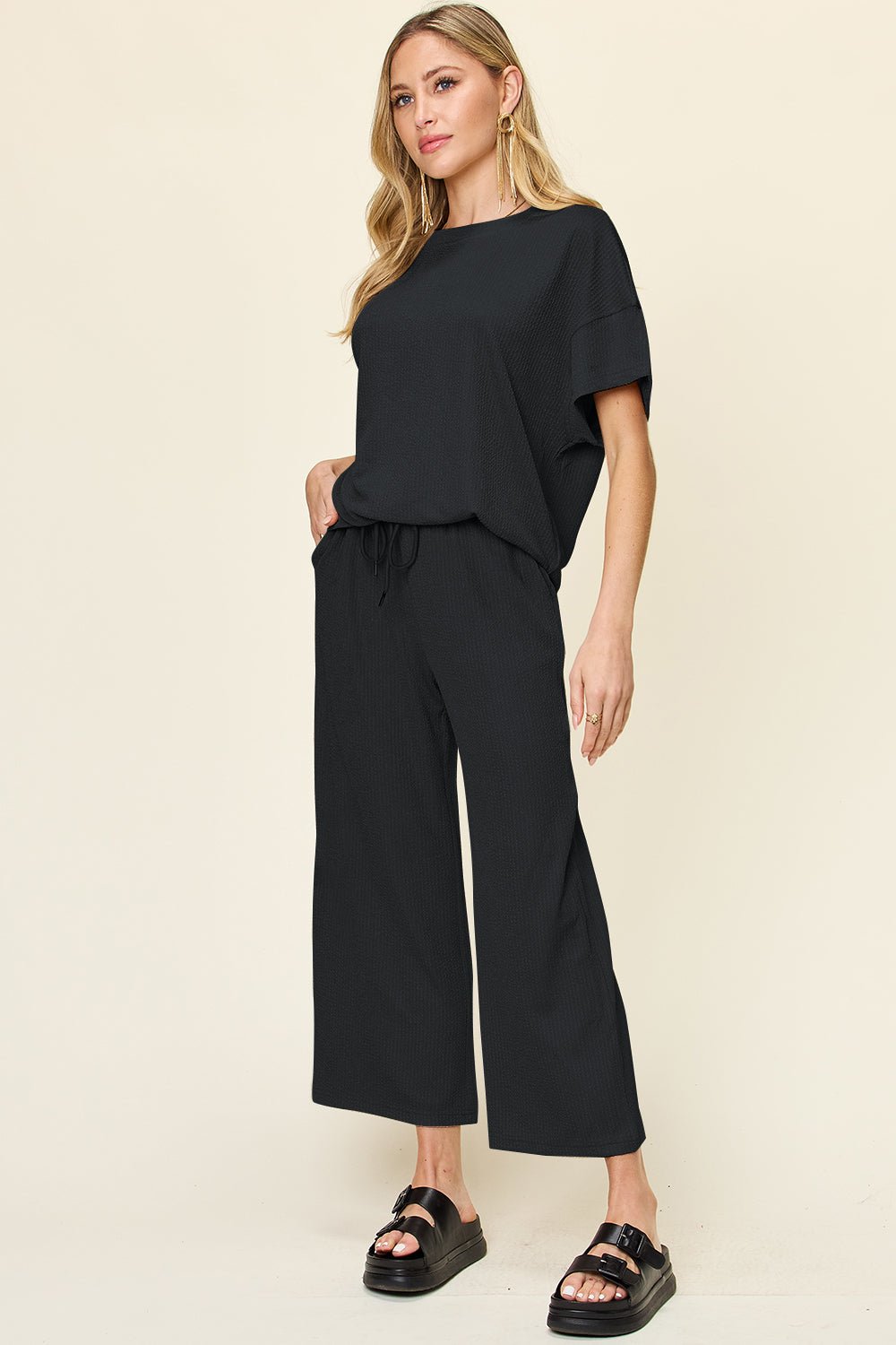 Double Take Full Size Texture Round Neck Short Sleeve T - Shirt and Wide Leg Pants - Jaazi Intl