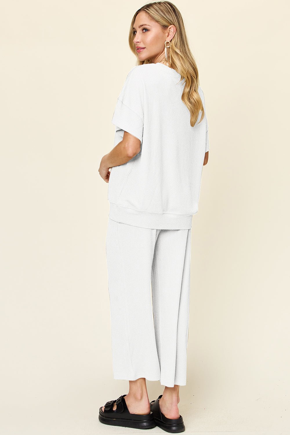 Double Take Full Size Texture Round Neck Short Sleeve T - Shirt and Wide Leg Pants - Jaazi Intl