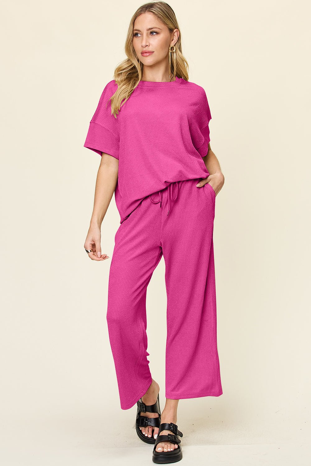 Double Take Full Size Texture Round Neck Short Sleeve T - Shirt and Wide Leg Pants - Jaazi Intl